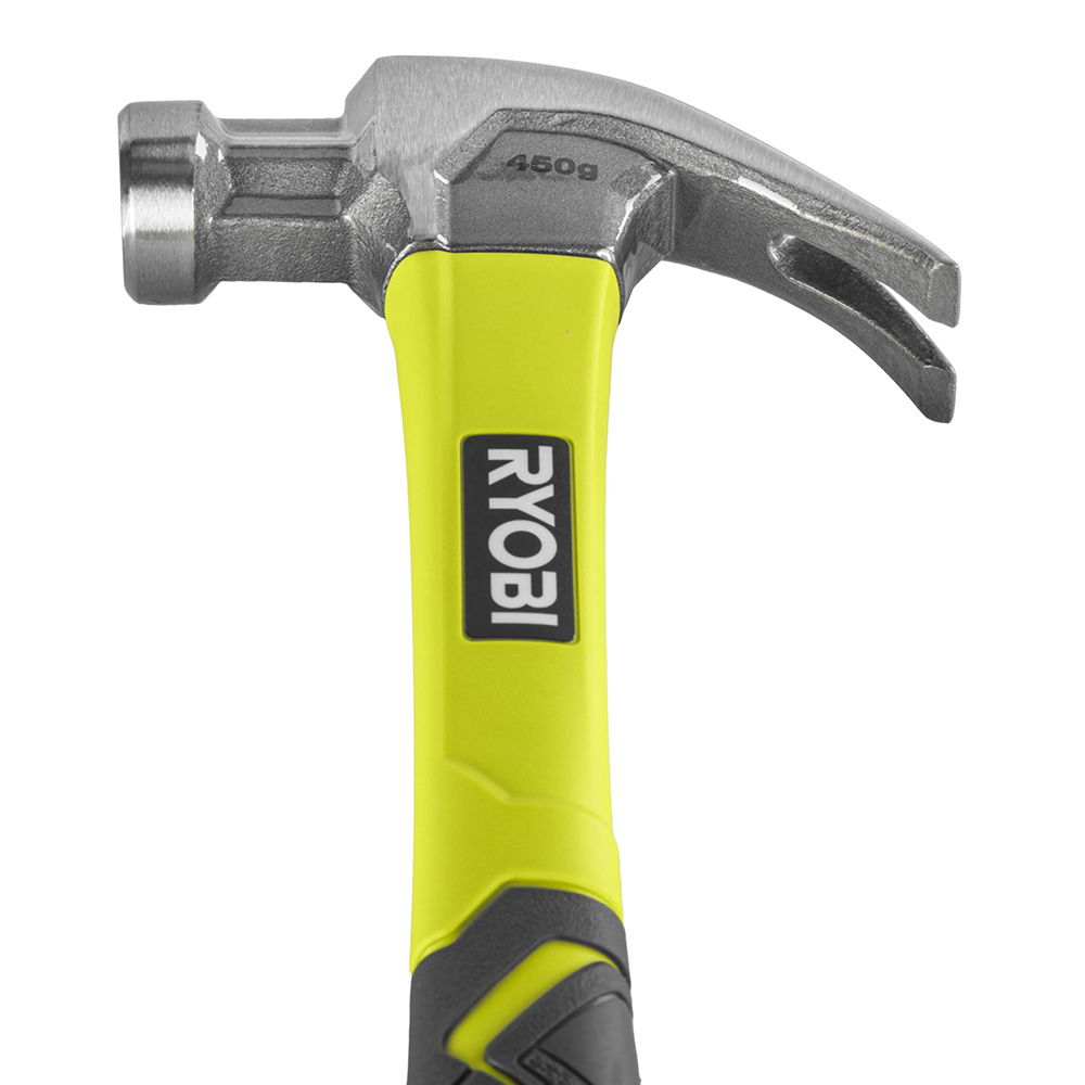 Ryobi Fibreglass Curved Claw Hammer, 450g, Side Nail Puller RHHCC450