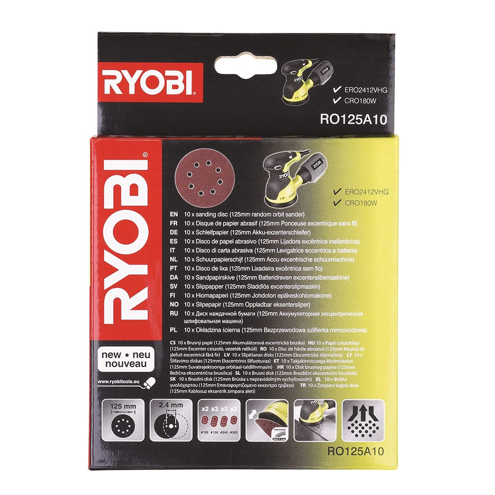 Ryobi 125mm Random Orbit Sanding Discs, 10 Piece Set, 100 120 240 and 320 Grit RO125A10