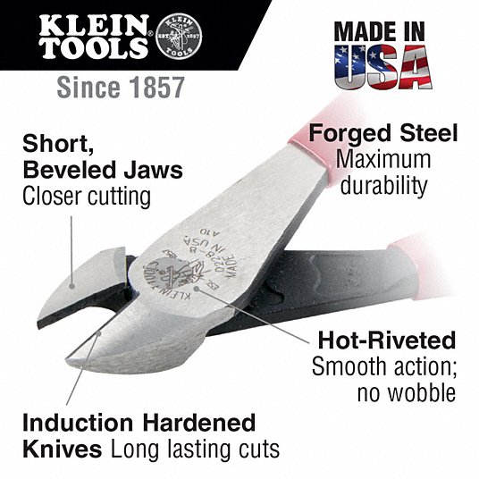 Klein High Leverage Diagonal Cutting Plier, Std, Straight, Oval, 7/8 inch Jaw Length, 1 1/4 inch Jaw Width, 6 - 8 inch D228-7