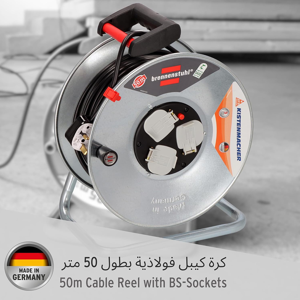 Brennenstuhl Extension Cable Reel 50 Meter, 3-Way Bs Sockets, Rust-Proof, Germany 1198067