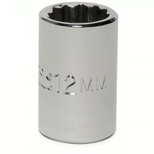 Socket, 3/8 inch Drive Size, 12 mm Socket Size, 12-Point, Alloy Steel, Standard, Chrome Finish, Metric
