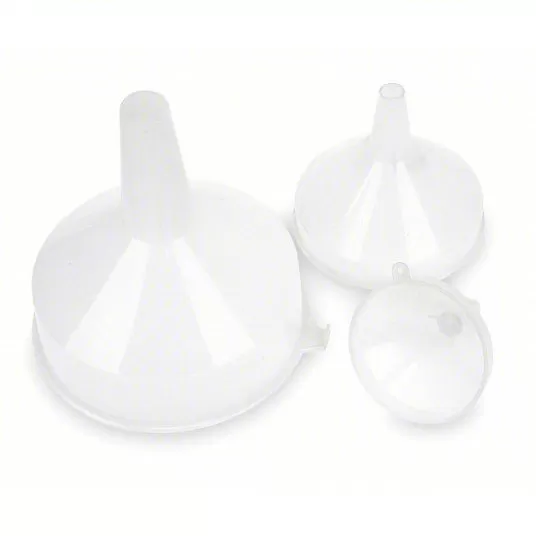 Funnel Set, Plastic, 91 fl oz Fluid Capacity, 3 7/8 inch_5 3/4 inch_7 3/4 inch Overall Dia, Clear, 3 Pc