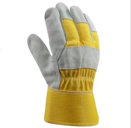 Leather working Gloves , Yellow / Grey , Single Palm , Made in PAKISTAN 09-90-031