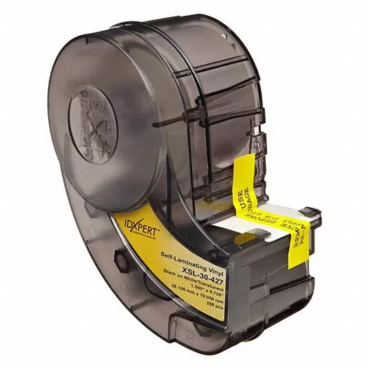 Precut Label Roll Cartridge: 1 1/2 in x 3/4 in, Vinyl, Black on White, 250 Labels Included