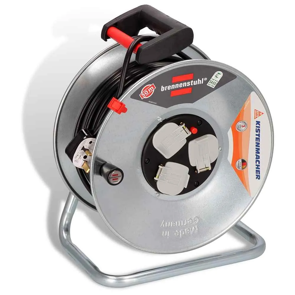 Extension Cable Reel 50 Meter, 3-Way Bs Sockets, Rust-Proof, Germany