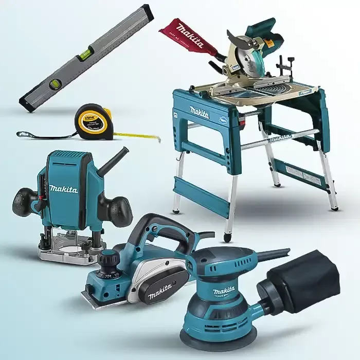 6 Piece Combo Kit: Flip Over Saw, Wood Planer, Plunge Router,Aluminum Level ,Orbital Sander, Double Safety Tape