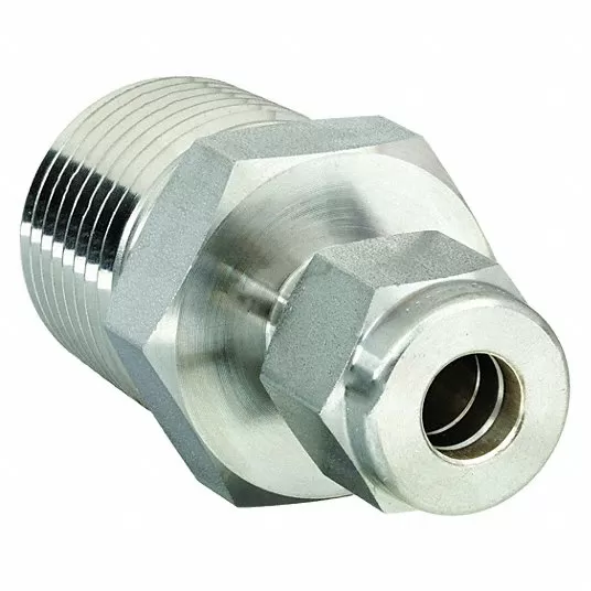 Male Connector, 3/8 in Tube Size, 1/2 in Pipe Size - Pipe Fitting, Metal, 7/8 in Hex Size768L SS 3/8 X 1/2