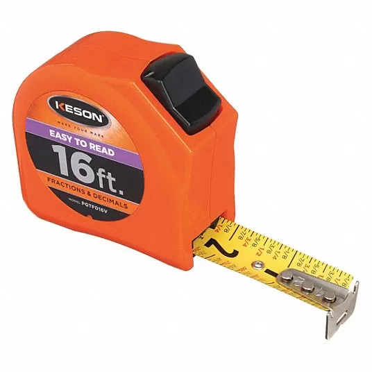 Tape Measure, 16 ft Blade Length, 1 inch Blade Wd, in/ft/Fractional/Decimal, Closed, ABS Plastic