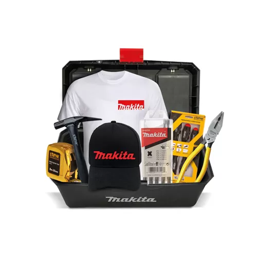 Kit: Tool Box, SDS Plus Drill Bits Set, Makita Cap, Multi Purpose Hammer, Metal Tape, Screwdrivers set, Premium 5 in 1 Plier