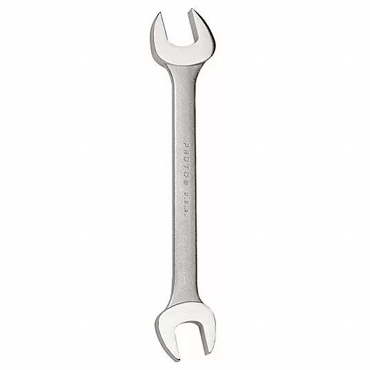 Open End Wrench, Alloy Steel, Satin, Head Size 14 mm, 15 mm, Overall Length 7 19/32 in, 15 Degree