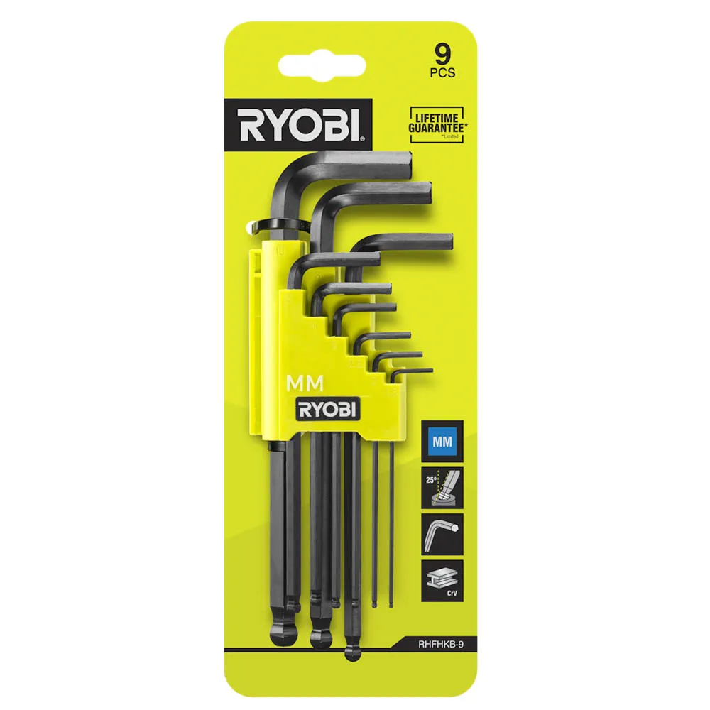 9pc Ball-End Hex Key Set, 25° Angled Access, Black Oxide Coating