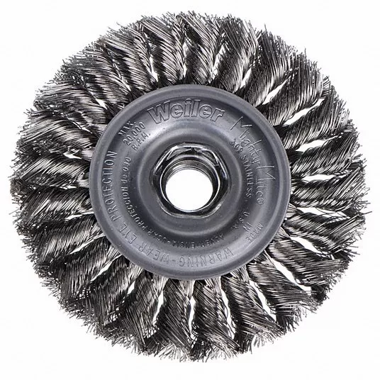 4 in Knotted Wire Wheel Brush, 0.014 in Wire Dia., 7/8 in Bristle Trim Length